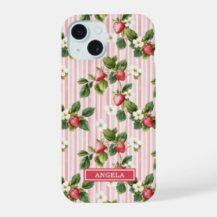 Watercolor Strawberries On Pink Stripes iPhone 15 Case