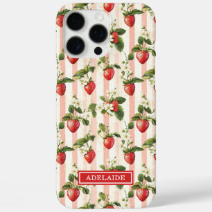 Watercolor Strawberries On Stripes Monogrammed iPhone 16 Pro Max Case