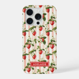 Watercolor Strawberries On Stripes Monogrammed iPhone 15 Pro Case