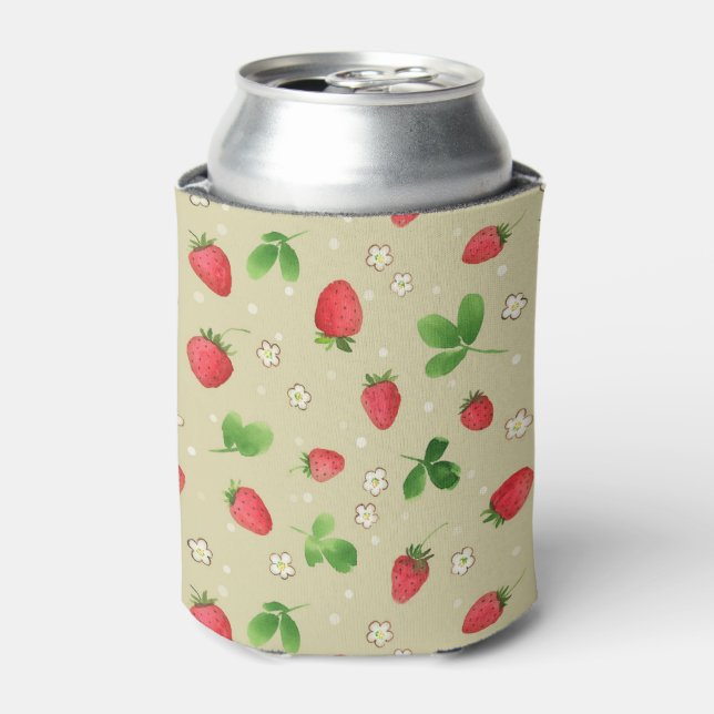 Watercolor strawberries pattern can cooler (Can Front)