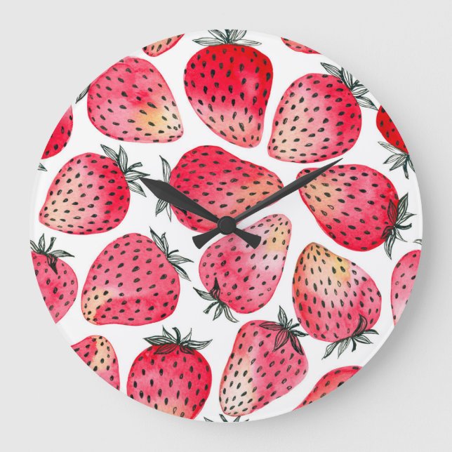 Watercolor strawberries pattern. large clock (Front)