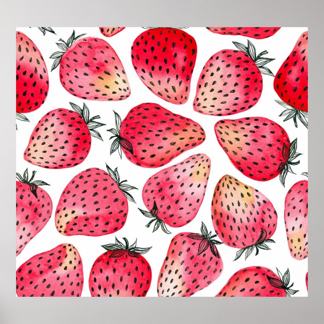 Watercolor strawberries pattern. poster (Front)