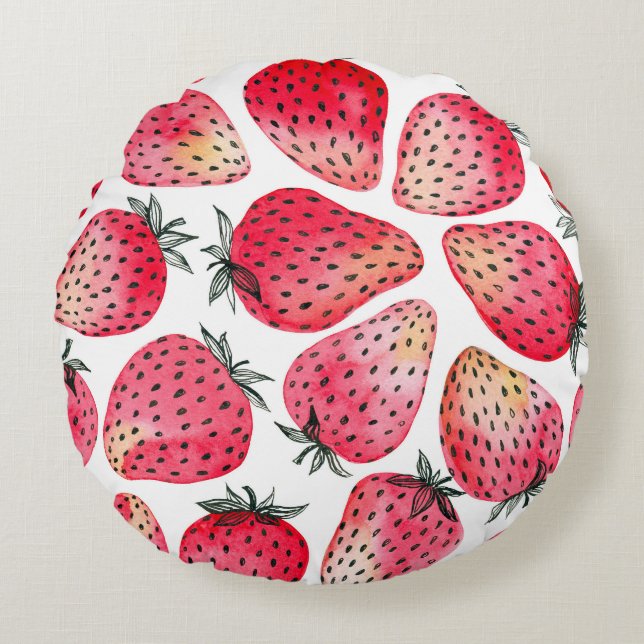 Watercolor strawberries pattern. round cushion (Front)