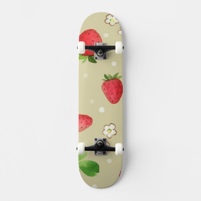 Watercolor strawberries pattern skateboard (Front)