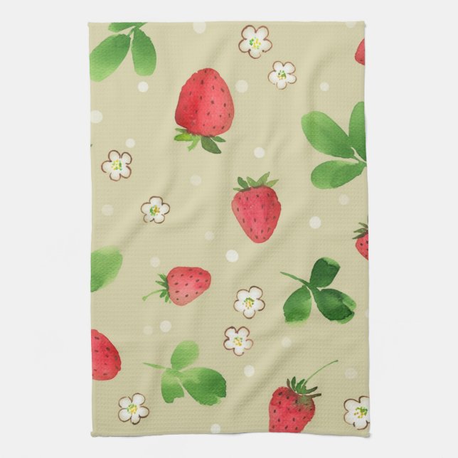 Watercolor strawberries pattern tea towel (Vertical)