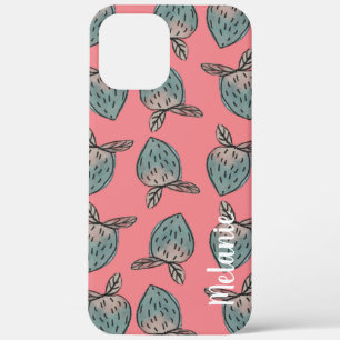 Watercolor Strawberries Pink Blue Monogrammed iPhone 12 Pro Max Case