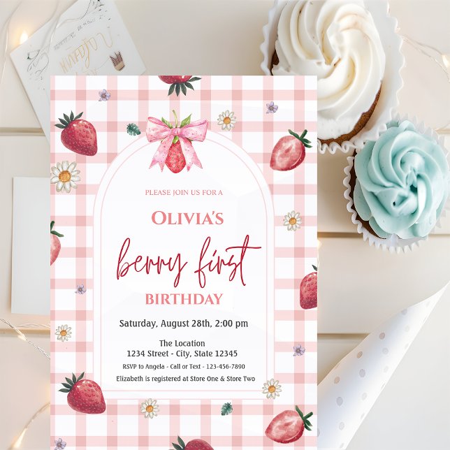 Watercolor Strawberries Red Plaid 1st Birthday Invitation (Creator Uploaded)