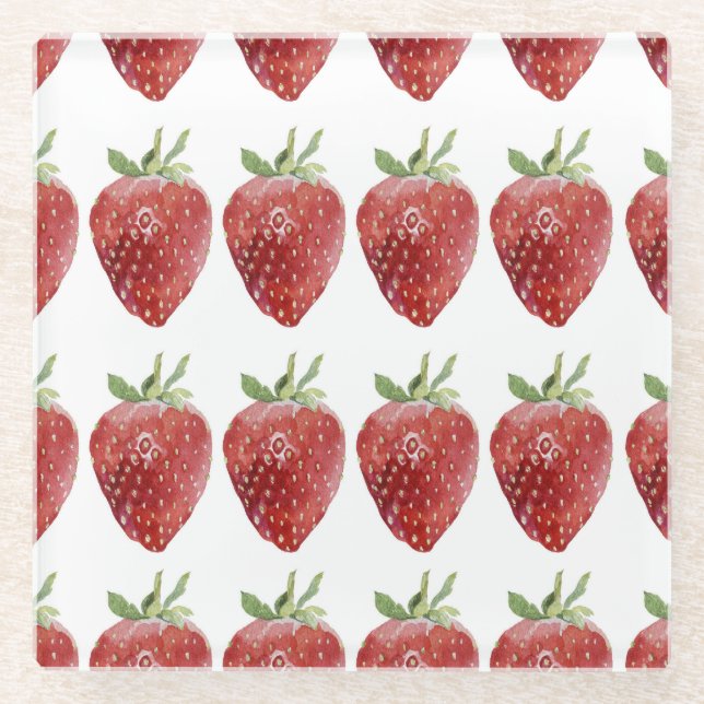 Watercolor strawberries: seamless pattern glass coaster (Front)