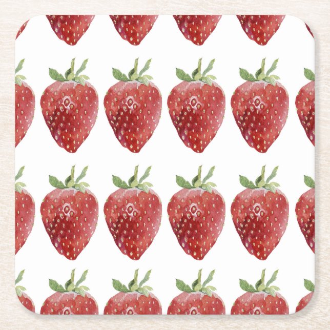Watercolor strawberries: seamless pattern square paper coaster (Front)
