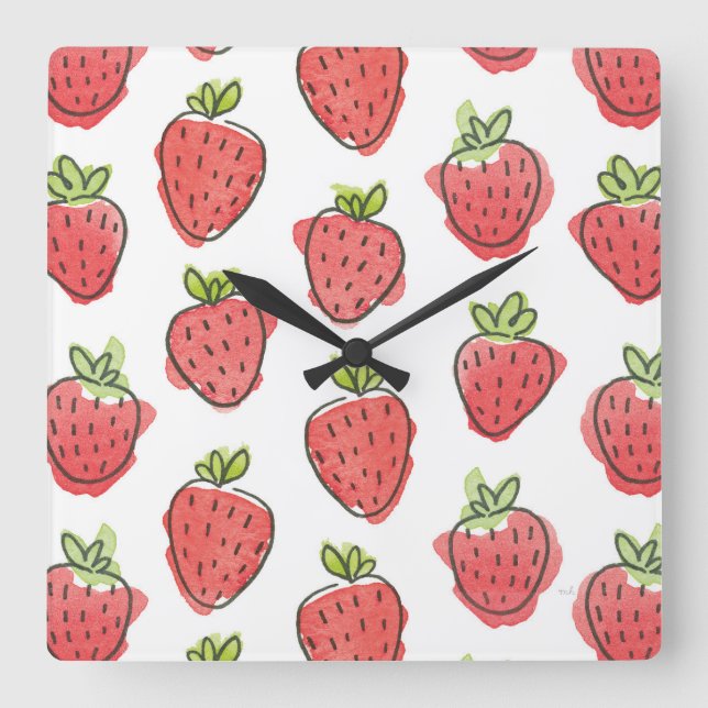 Watercolor Strawberries Square Wall Clock (Front)