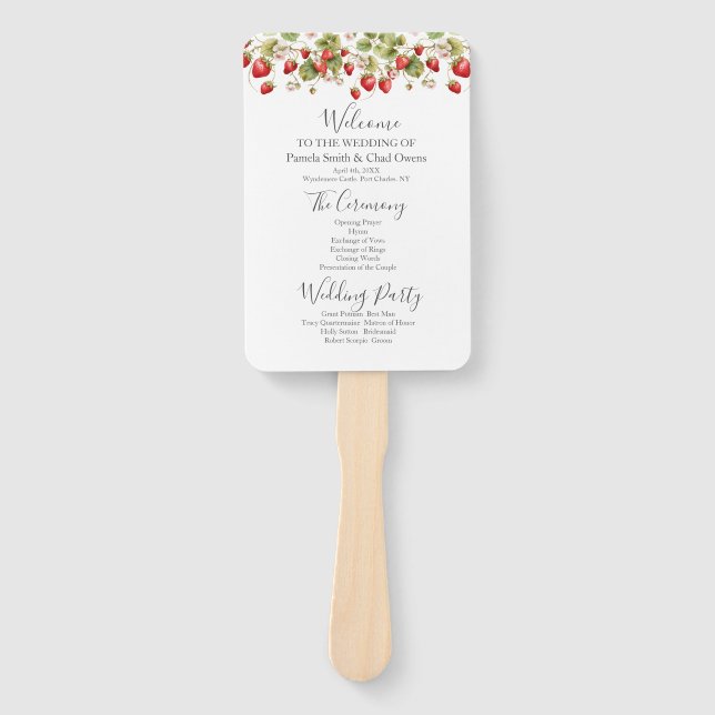 Watercolor Strawberries Wedding Program Hand Fan (Front)