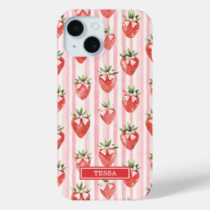 Watercolor Strawberries With Coquette Bows iPhone 15 Case