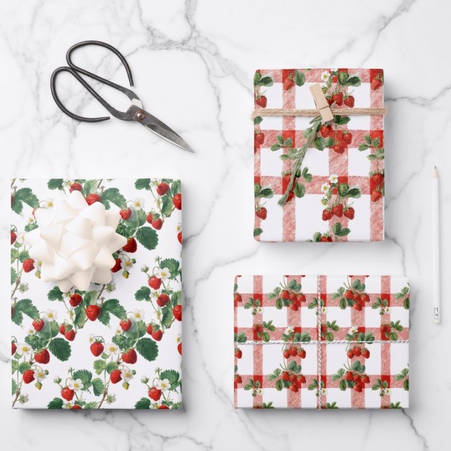 Watercolor Strawberries Wrapping Paper Sheet (Front)
