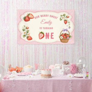 Watercolor Strawberry 1st Birthday Party Banner