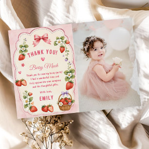 Watercolor Strawberry 1st Birthday Party Photo Thank You Card