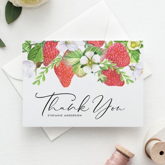Watercolor Strawberry and Blossoms Graduation Thank You Card (Creator Uploaded)