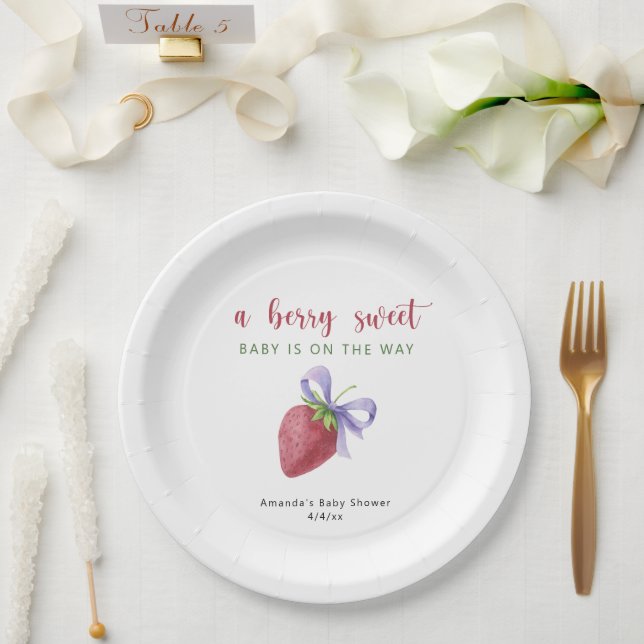 Watercolor strawberry and bow Baby shower Paper Plate (Wedding)