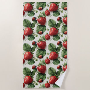 Watercolor Strawberry and Ladybug Seamless Pattern Beach Towel