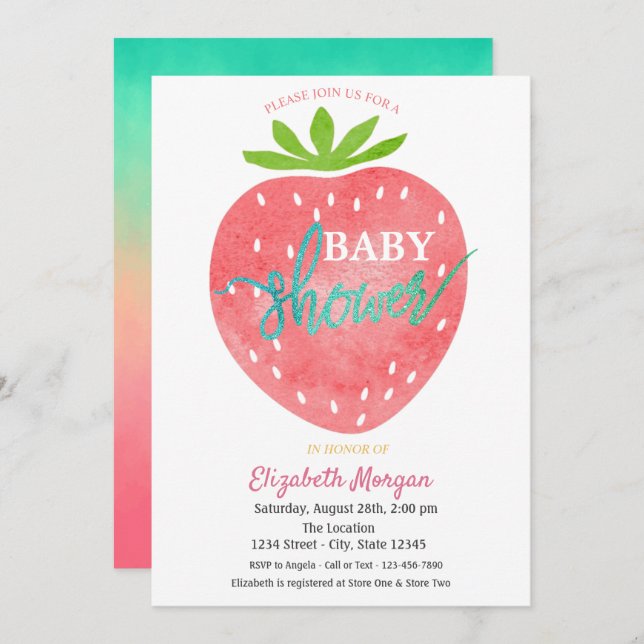 Watercolor Strawberry Baby Shower Invitation (Front/Back)