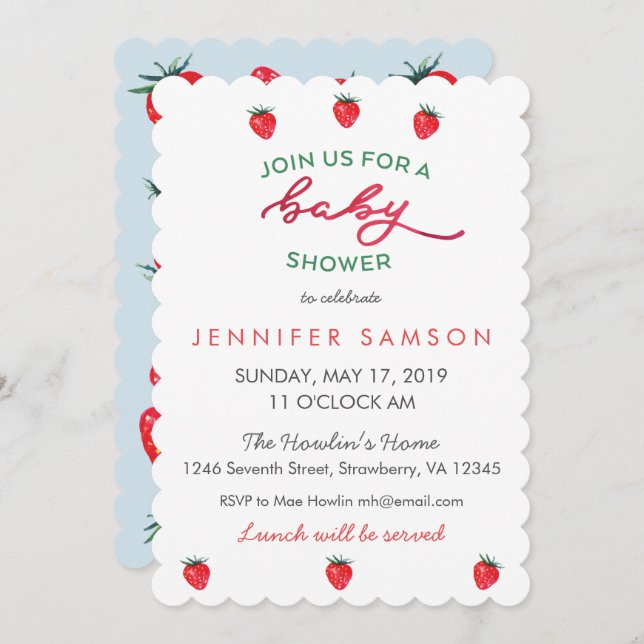 Watercolor Strawberry Baby Shower Invite (Front/Back)