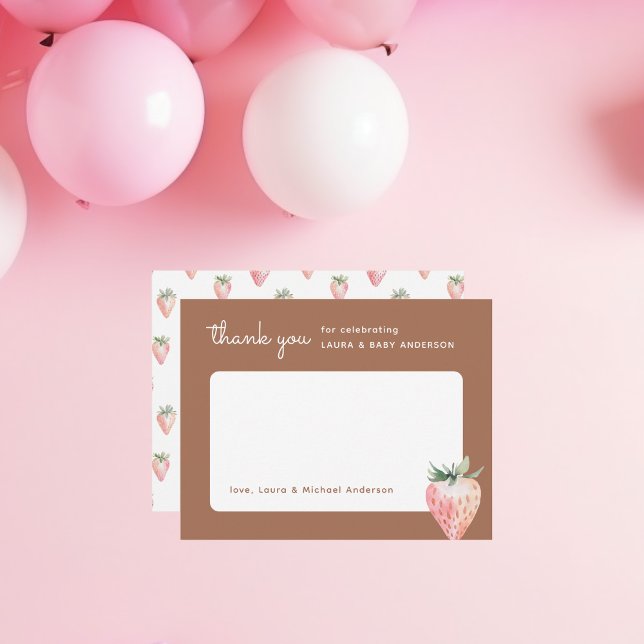 Watercolor Strawberry Baby Shower Thank You Card (Thank you card in brown background and with a cute pink coquette watercolor strawberry)