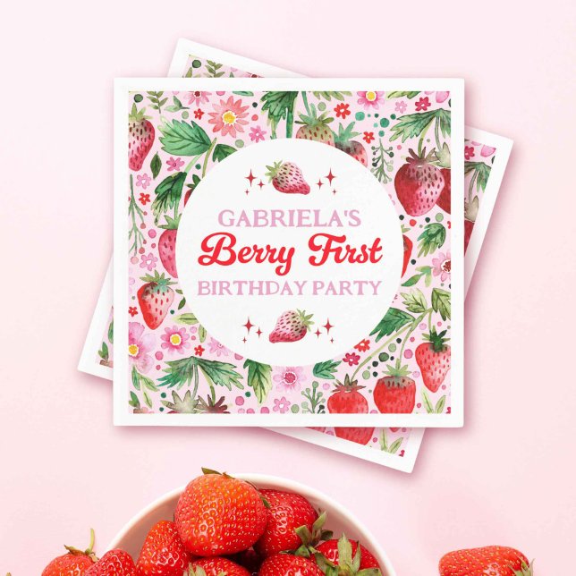 Watercolor Strawberry Berry 1st Birthday Girls Napkin (Watercolor Strawberry Berry 1st Birthday Girls Napkins)