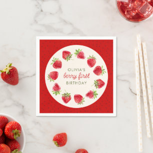 Watercolor Strawberry Berry First 1st Birthday Napkin