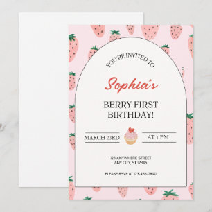 Watercolor Strawberry Berry First Birthday Invitation