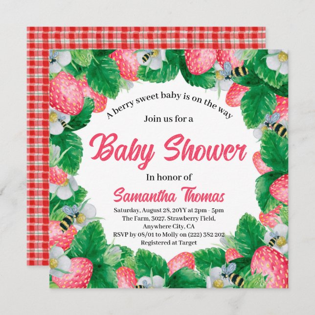 Watercolor Strawberry Berry Sweet Baby Shower Invitation (Front/Back)
