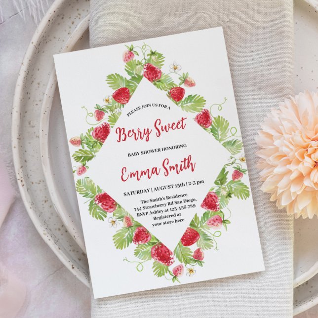 Watercolor Strawberry Berry Sweet Baby Shower Invitation (Creator Uploaded)