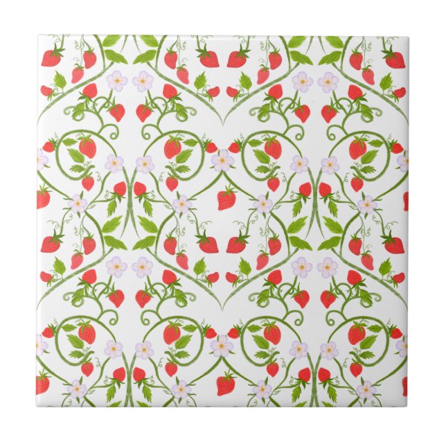 Watercolor Strawberry Blossom Pattern Ceramic Tile (Front)
