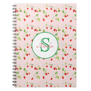 Watercolor Strawberry Blossom Pattern Monogram Notebook
