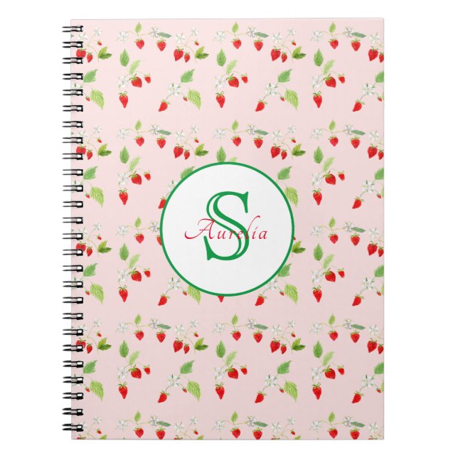 Watercolor Strawberry Blossom Pattern Monogram Notebook (Front)