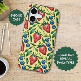 Watercolor Strawberry Blueberry Pattern on Yellow 