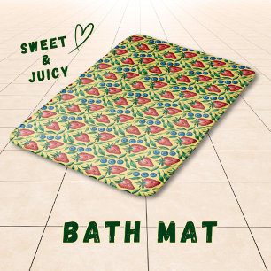 Watercolor Strawberry Blueberry Pattern on Yellow Bath Mat