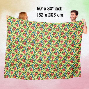 Watercolor Strawberry Blueberry Pattern on Yellow Fleece Blanket