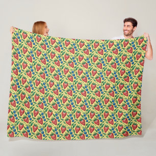 Watercolor Strawberry Blueberry Pattern on Yellow Fleece Blanket