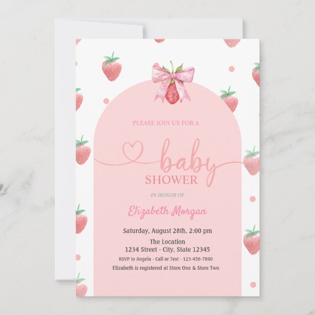 Watercolor Strawberry Bow Baby Shower  Invitation (Front)