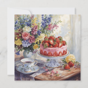 Watercolor Strawberry Cake and Flowers Still Life  Card