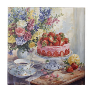 Watercolor Strawberry Cake and Flowers Still Life Ceramic Tile