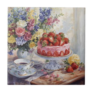 Watercolor Strawberry Cake and Flowers Still Life Ceramic Tile