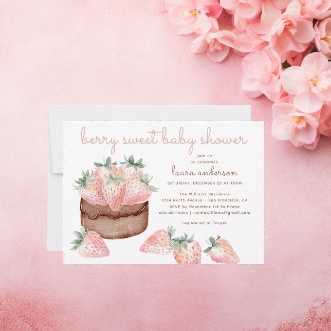 Watercolor strawberry cake berry sweet baby shower invitation (Berry sweet baby shower: watercolor chocolate cake with strawberries. Sweet girl invitation)