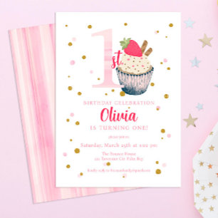 Watercolor Strawberry Cupcake 1st Birthday Invitat Invitation