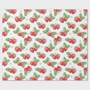 Watercolor Strawberry Fruit and Flowers  Wrapping Paper