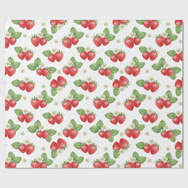 Watercolor Strawberry Fruit and Flowers  Wrapping Paper (Flat)