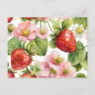 Watercolor Strawberry Fruit and Pink Flowers Postcard