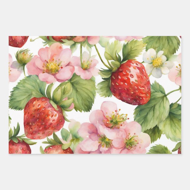 Watercolor Strawberry Fruit and Pink Flowers Wrapping Paper Sheet (Front)