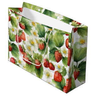 Watercolor Strawberry Fruit and Strawberry Flowers Large Gift Bag