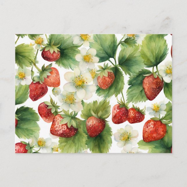 Watercolor Strawberry Fruit and Strawberry Flowers Postcard (Front)
