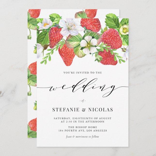 Watercolor Strawberry Garland Botanical Wedding Invitation (Front/Back)